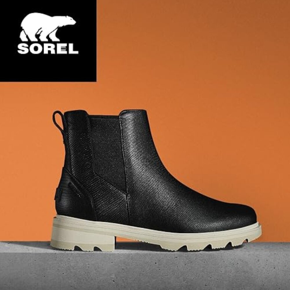 Sorel Lennox Leather Pull On Leather Chelsea Boot in Black White US 7.5 $190